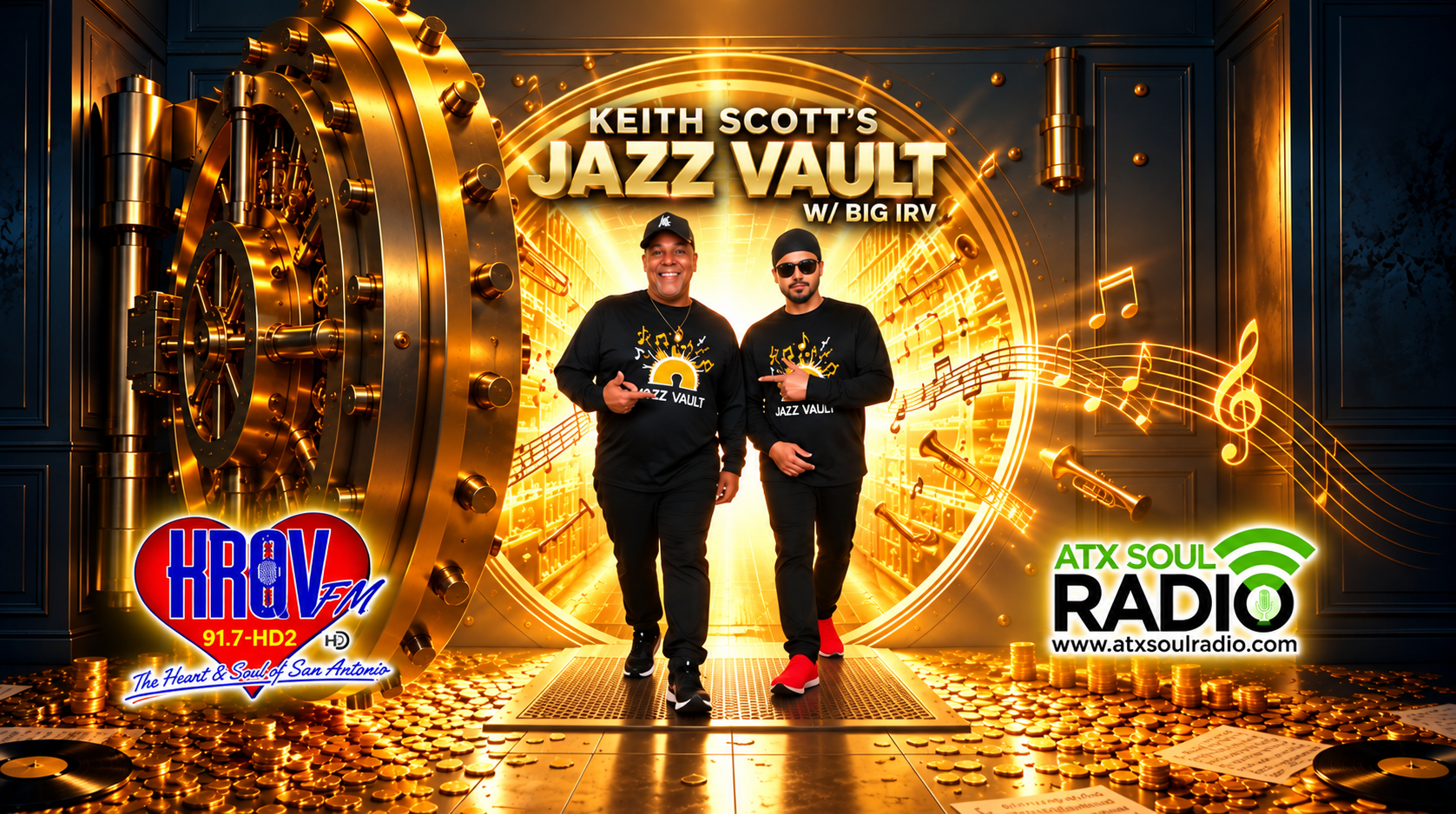 Keith Scott’s Jazz Vault with Big Irv: one circular gold vault door swung open on the left, a fixed dark wall on the right, Keith Scott and Big Irv in the golden opening above gold coins, with KROV-FM and ATX Soul Radio logos in the lower corners.